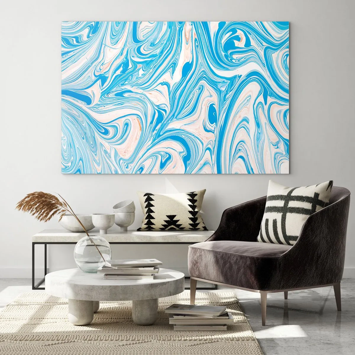 Quadro em vidro - Padrão abstrato em tons de turquesa e bege - 70x50cm - Derramado em turquesa - Decoração de parede moderna para a sala de estar e quarto ARTTOR