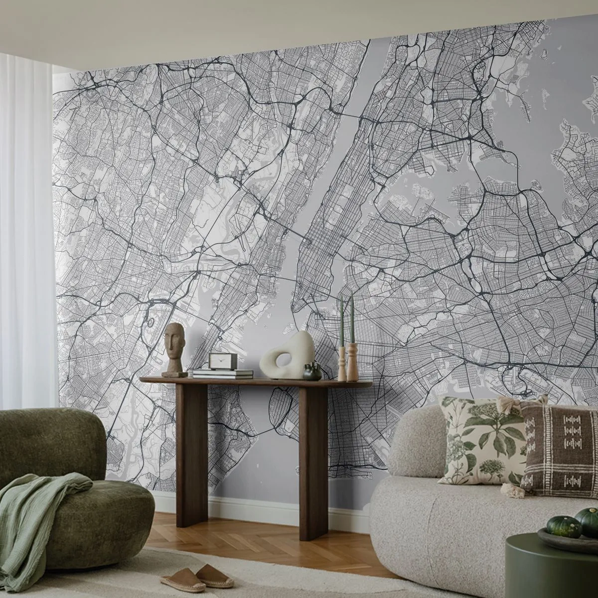 Papel de Parede Premium Sand - Anatomia de uma metrópole - Nova Iorque, Mapa, Manhattan - 350x256 cm