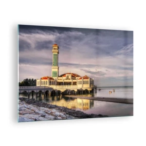 Quadro em vidro - Mesquita na água sob uma luz pitoresca - 70x50cm - Templo da natureza - Decoração de parede moderna para a sala de estar e quarto ARTTOR