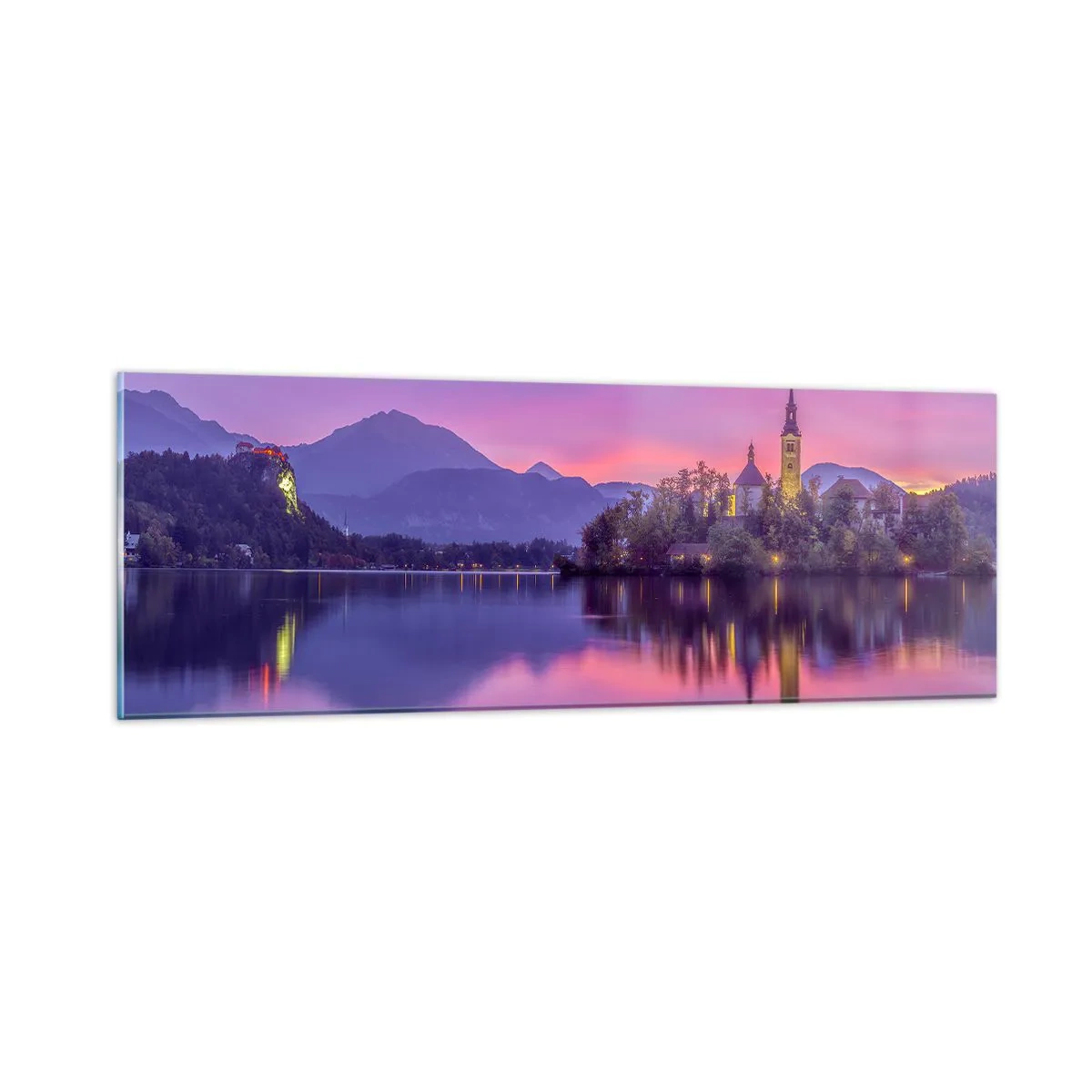 Quadro em vidro - Ilha de conto de fadas ao anoitecer  - 90x30 cm