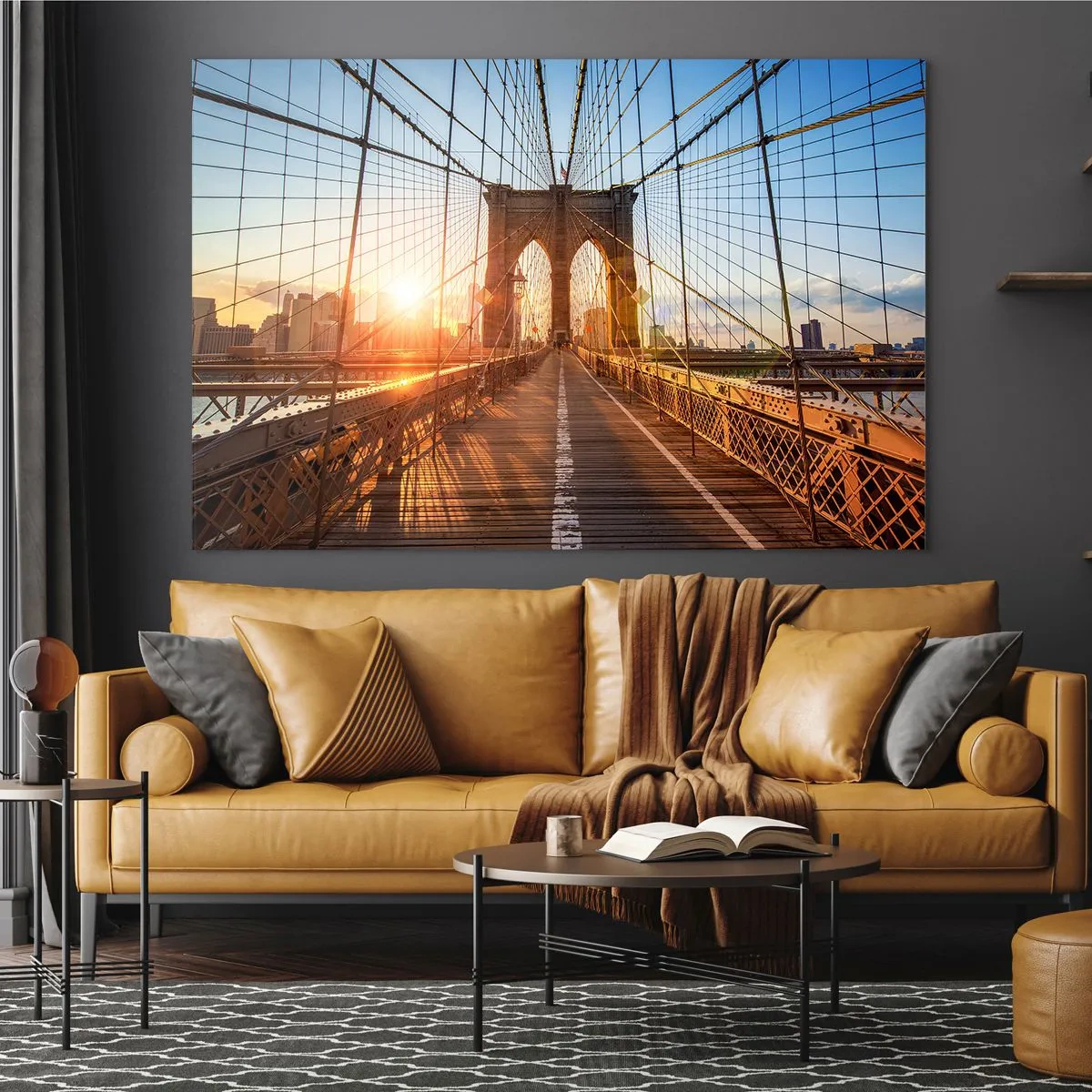 Quadro em vidro - Pôr do sol na Ponte do Brooklyn em Nova York - 70x50cm - Na Ponte Dourada - Decoração de parede moderna para a sala de estar e quarto ARTTOR