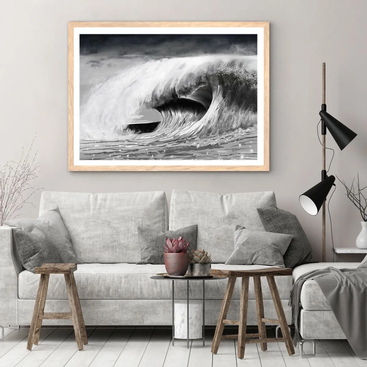 Pôster com moldura de carvalho claro - A ira do oceano - 91x61 cm