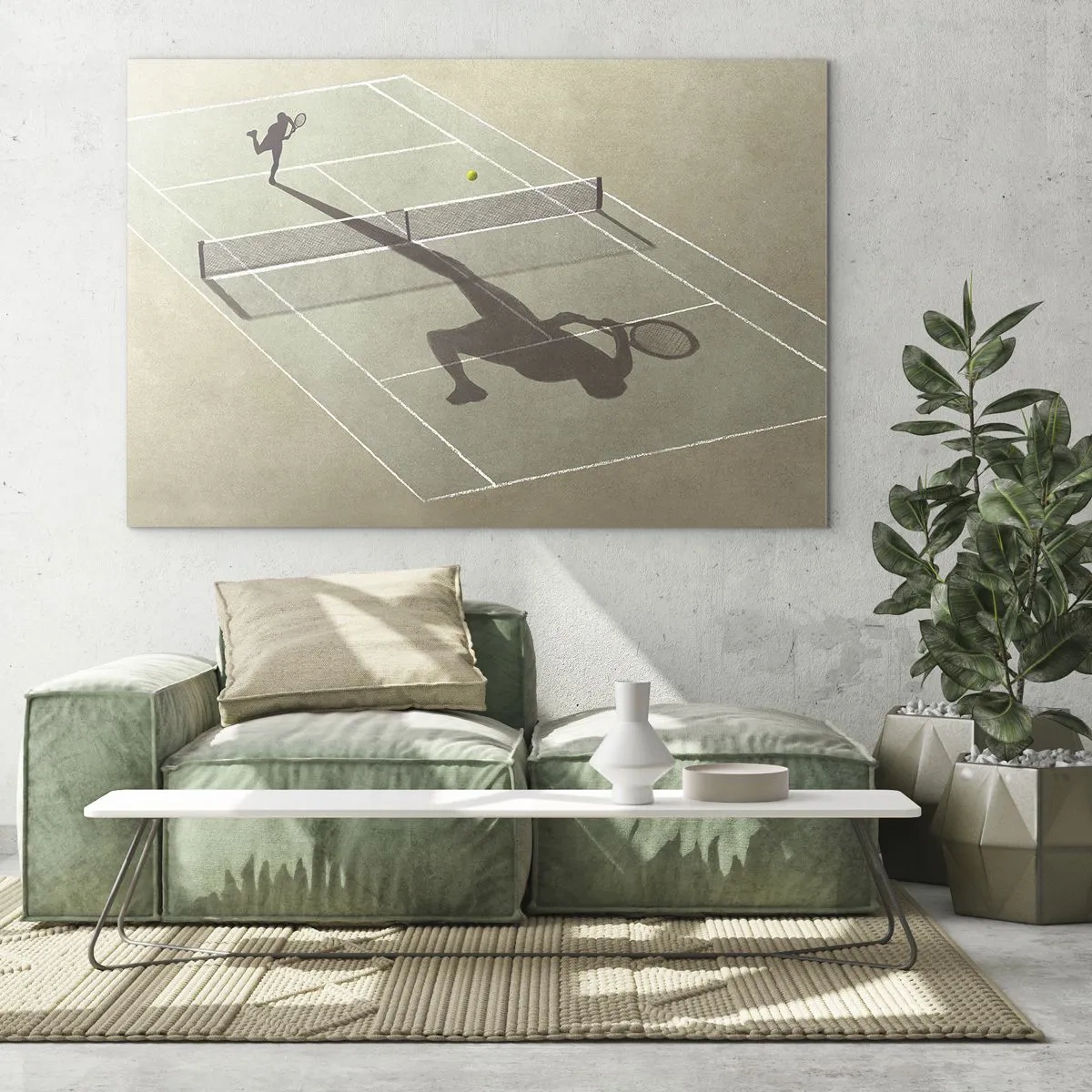 Quadro em vidro - A figura de um tenista e sua sombra na quadra durante um saque - 70x50cm - Supera-te - Decoração de parede moderna para a sala de estar e quarto ARTTOR