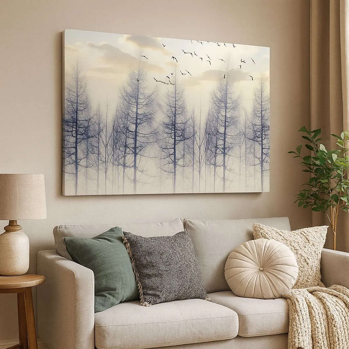 Quadro em tela - Floresta enevoada com pássaros contra o céu do pôr do sol - 70x50cm - Espíritos florestais - Decoração de parede moderna para a sala de estar e quarto ARTTOR