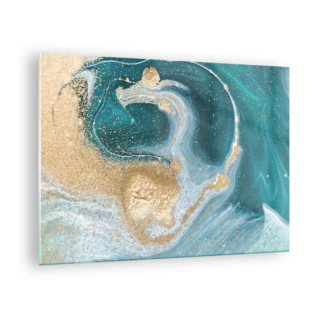 Quadro em vidro - Ouro sobre ondas turquesa em estilo abstrato - 70x50cm - Um vórtice de ouro e turquesa - Decoração de parede moderna para a sala de estar e quarto ARTTOR