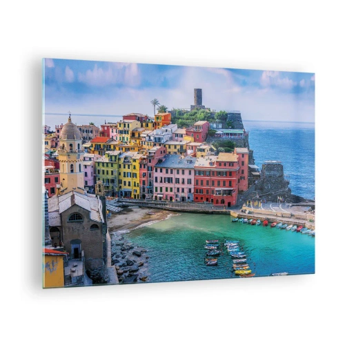 Quadro em vidro - Uma cidade mediterrânea colorida à beira do mar azul - 70x50cm - Cidade mágica mediterrânea - Decoração de parede moderna para a sala de estar e quarto ARTTOR