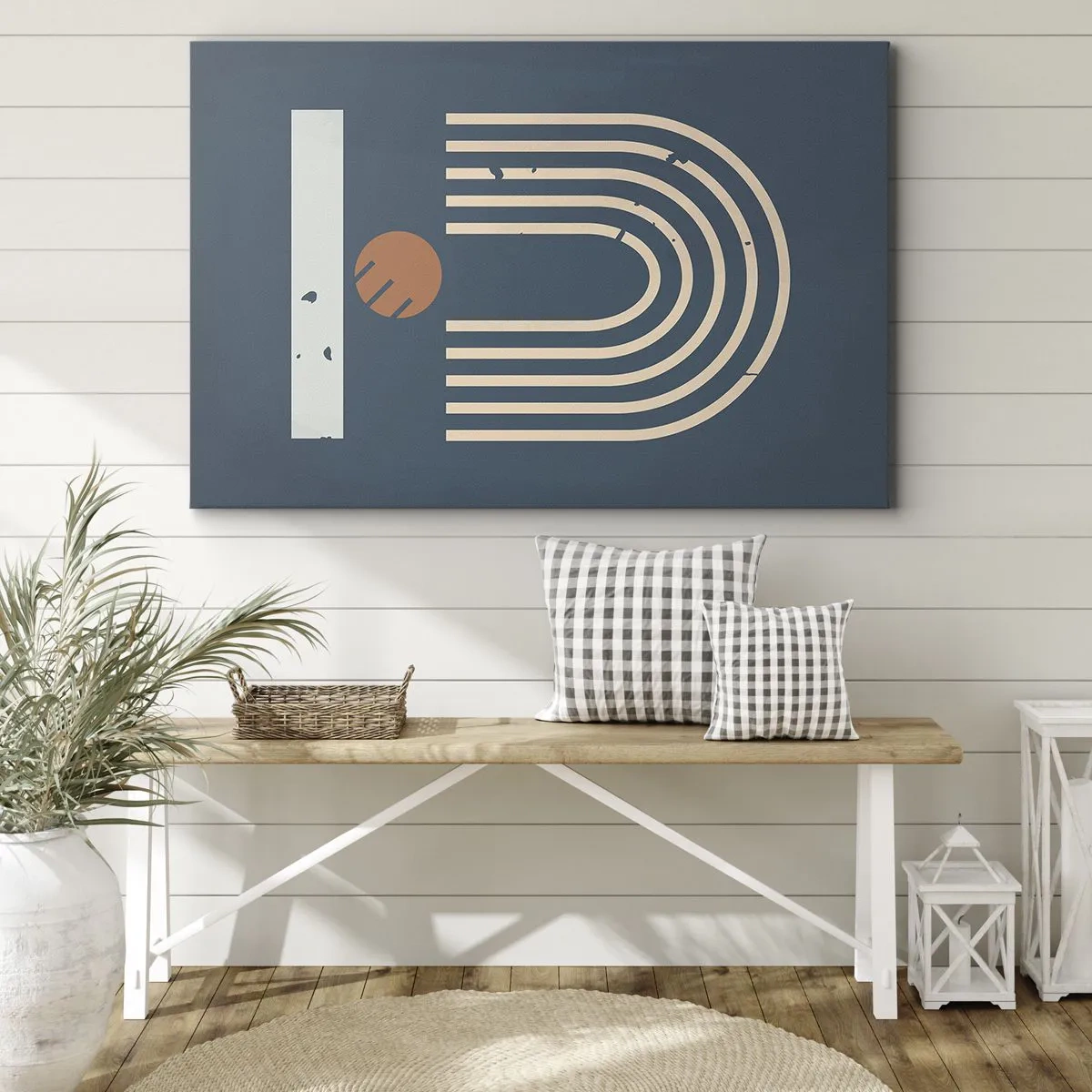 Quadro em tela - Padrão geométrico em tons de azul marinho, bege e laranja sobre fundo escuro - 70x50cm - Geometria em azul marinho - Decoração de parede moderna para a sala de estar e quarto ARTTOR