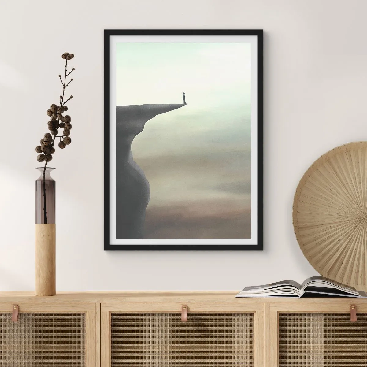 Pôster com moldura preta - Silhueta de uma mulher em pé na beira de um penhasco - 50x70cm - Para cima, é claro! - Decoração de parede moderna para a sala de estar e quarto ARTTOR