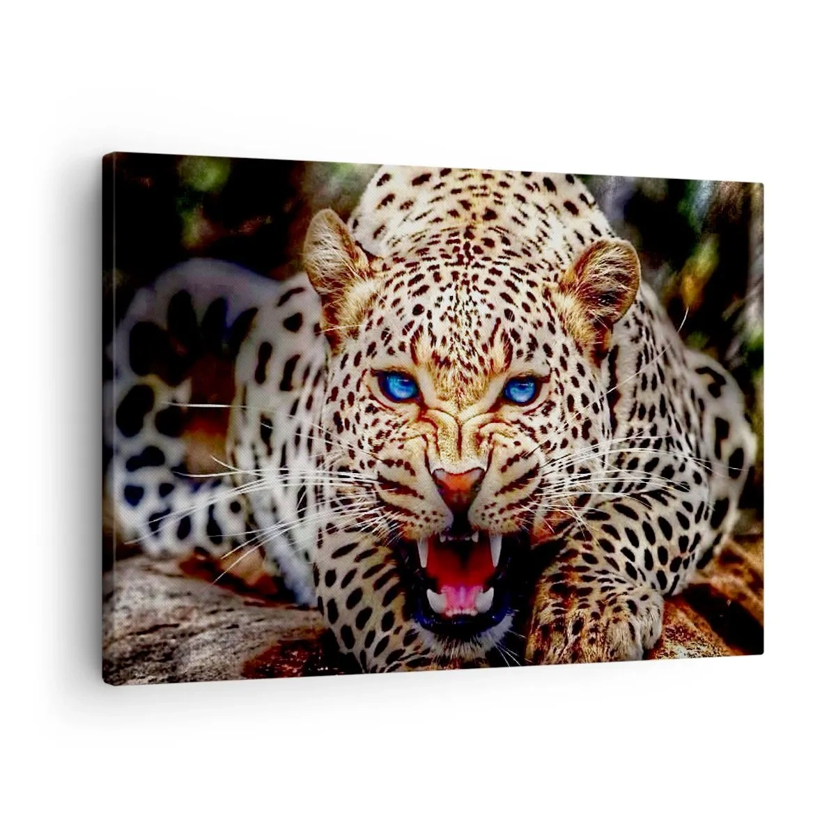 Quadro em tela - Um leopardo ameaçador com olhos azuis intensos - 70x50cm - A raiva não afeta a beleza - Decoração de parede moderna para a sala de estar e quarto ARTTOR