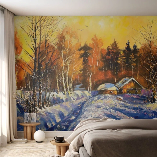 Papel de parede personalizado Premium Canvas - Impressão de inverno ao sol - Paisagem, Inverno, Casa de campo na montanha