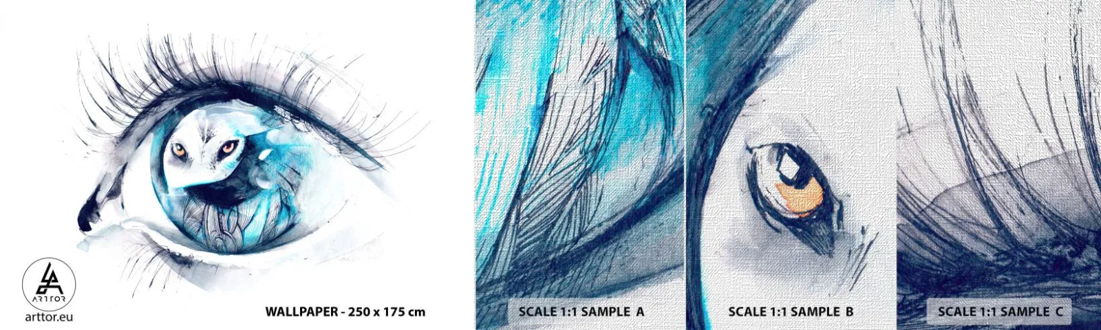 Amostra de papel de parede Premium Canvas - Cara a cara com o selvagem - Abstração, Olho, Coruja - 100x30 cm