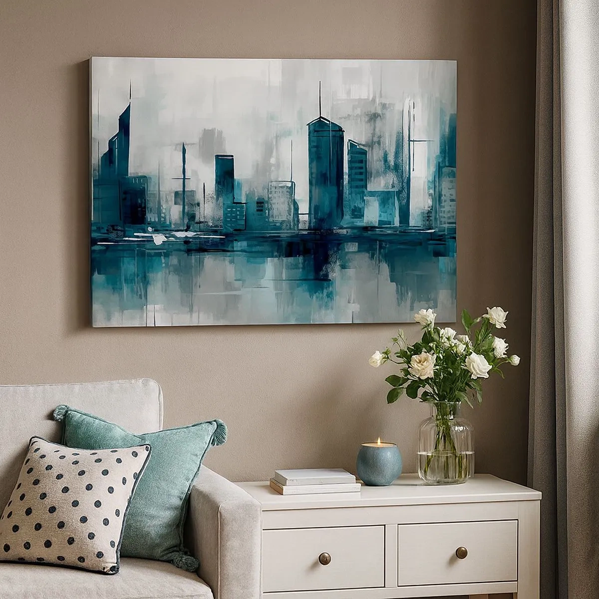 Quadro em tela - Uma cidade moderna em tons de turquesa e cinza - 70x50cm - Uma cidade da cor da chuva - Decoração de parede moderna para a sala de estar e quarto ARTTOR