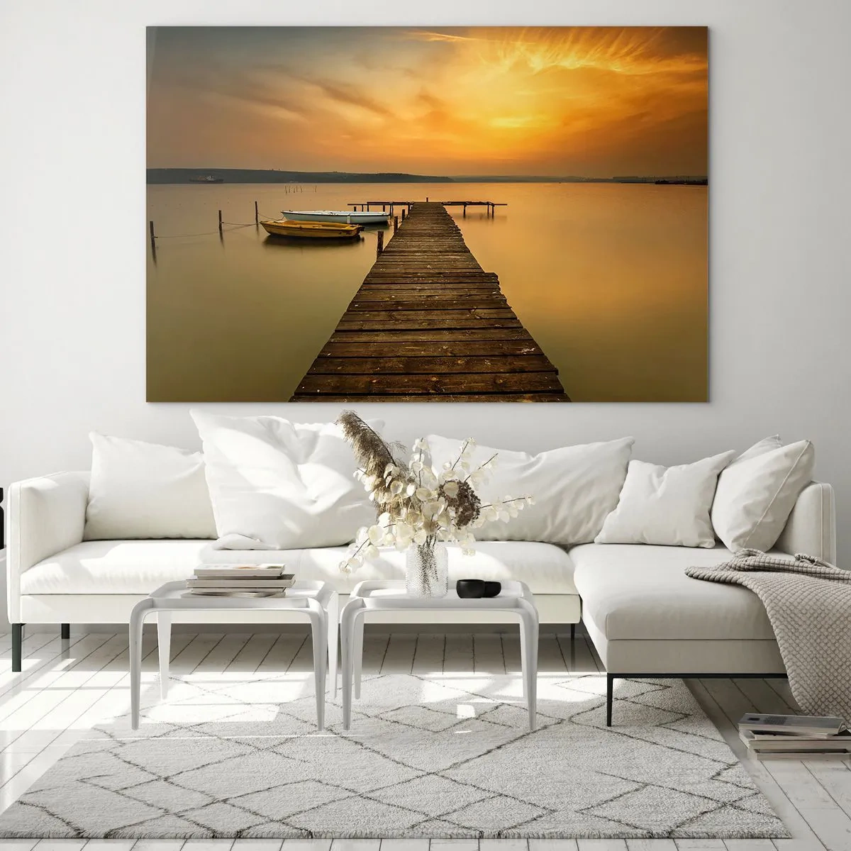 Quadro em vidro - Píer no lago ao pôr do sol com um barco - 70x50cm - Abrirei o céu dourado para vós - Decoração de parede moderna para a sala de estar e quarto ARTTOR