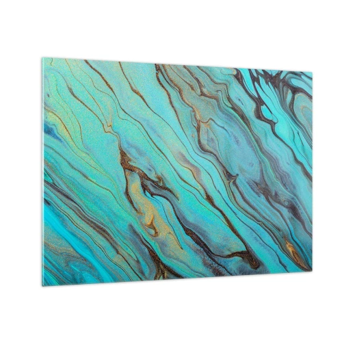 Quadro em vidro - Listras abstratas em turquesa e dourado - 70x50cm - Maré Turquesa - Decoração de parede moderna para a sala de estar e quarto ARTTOR