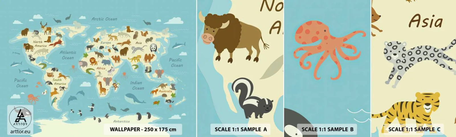 Amostra de papel de parede autocolante Deluxe Sticker - Bons vizinhos - Mapa mundial, Mapa com animais, Animais - 100x30 cm