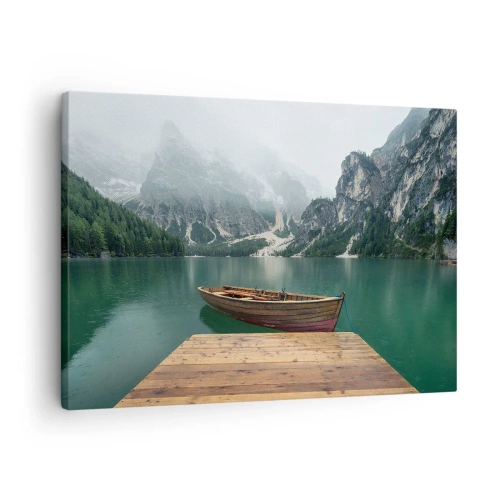 Quadro em tela - Um barco de madeira em um píer em um lago cercado por montanhas - 70x50cm - Rochas orgulhosas - Decoração de parede moderna para a sala de estar e quarto ARTTOR