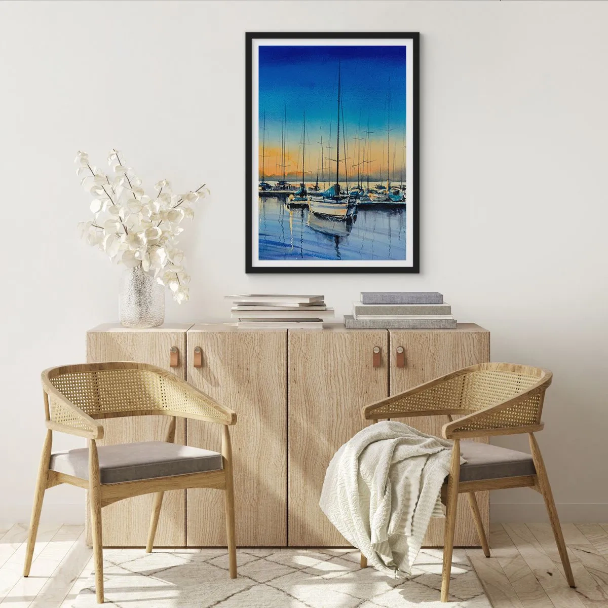 Pôster com moldura preta - Uma cena pictórica de veleiros em um porto ao pôr do sol - 50x70cm - Fim de um bom dia - Decoração de parede moderna para a sala de estar e quarto ARTTOR