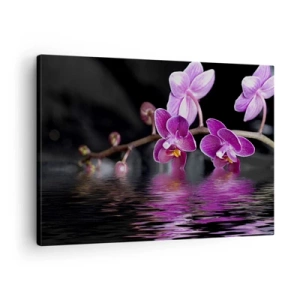 Quadro em tela - Orquídeas roxas sobre águas calmas contra um fundo preto - 70x50cm - Reflexo lilás da beleza - Decoração de parede moderna para a sala de estar e quarto ARTTOR