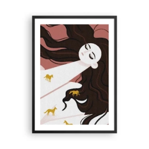 Pôster com moldura preta - Uma mulher sonhadora com cabelos longos e cavalos dourados - 50x70cm - Sonho com um cavalo dourado - Decoração de parede moderna para a sala de estar e quarto ARTTOR