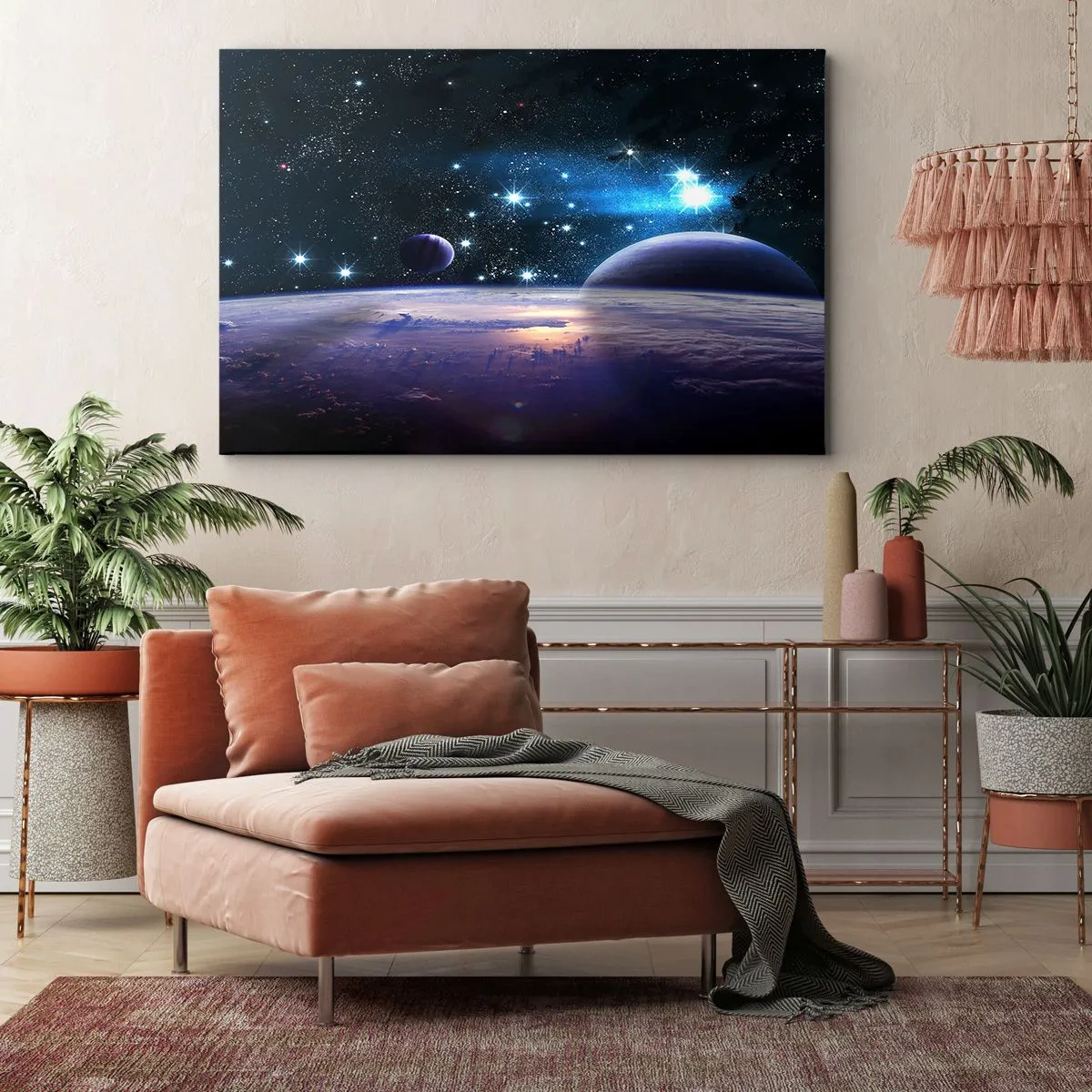 Quadro em tela - Uma visão do espaço sideral com planetas e estrelas - 70x50cm - Ainda sozinhos? - Decoração de parede moderna para a sala de estar e quarto ARTTOR