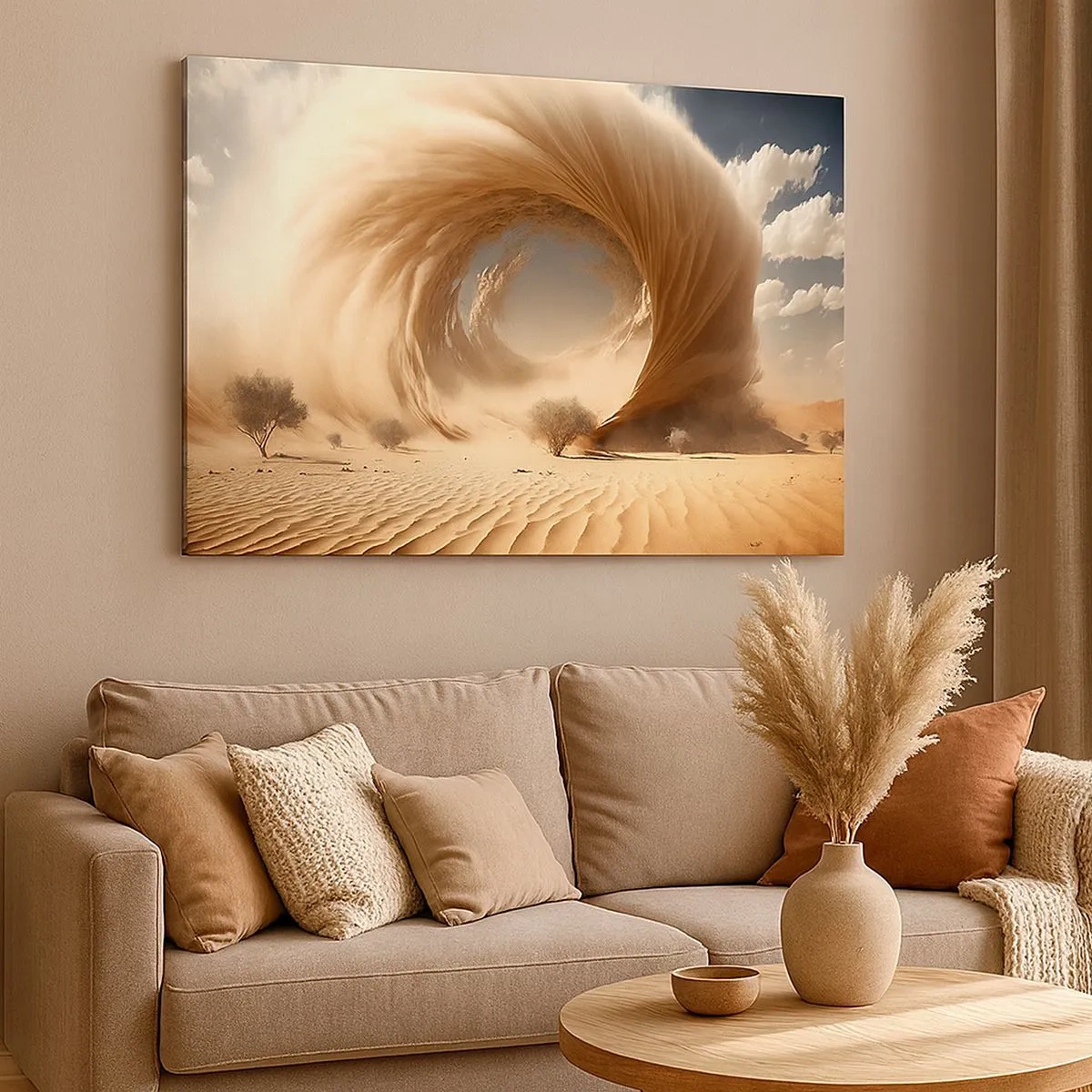 Quadro em tela - Redemoinho dinâmico de areia em um deserto com árvores - 70x50cm - Portal aberto - Decoração de parede moderna para a sala de estar e quarto ARTTOR