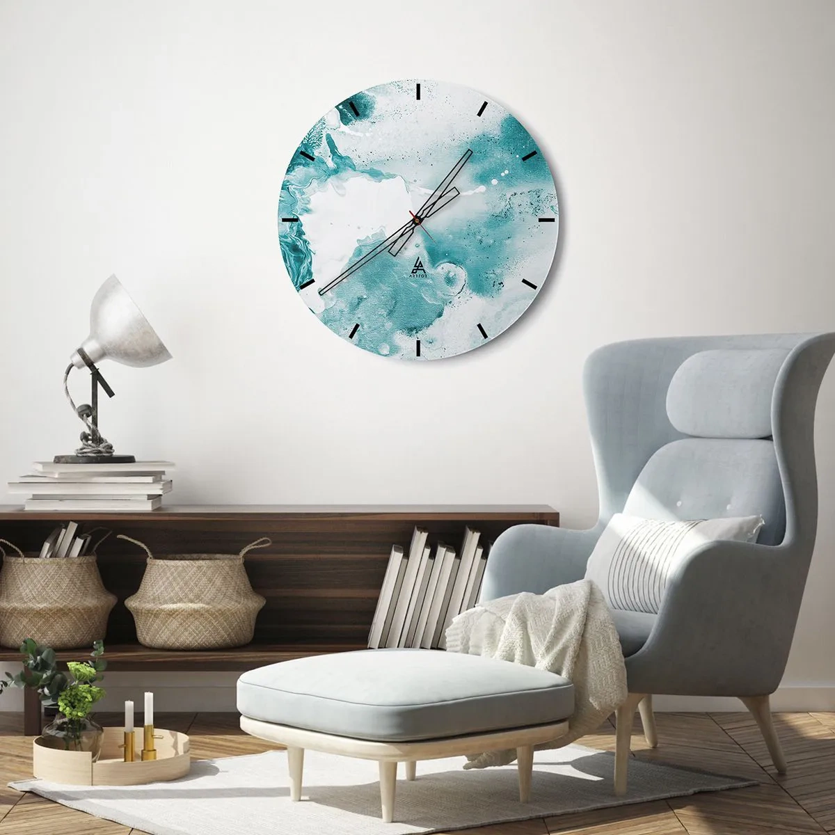 Relógio de parede - Relógio em vidro - Composição abstrata em tons de turquesa e branco - 30x30cm - Inundado em azul - Decoração de parede moderna para a sala de estar, cozinha e quarto ARTTOR