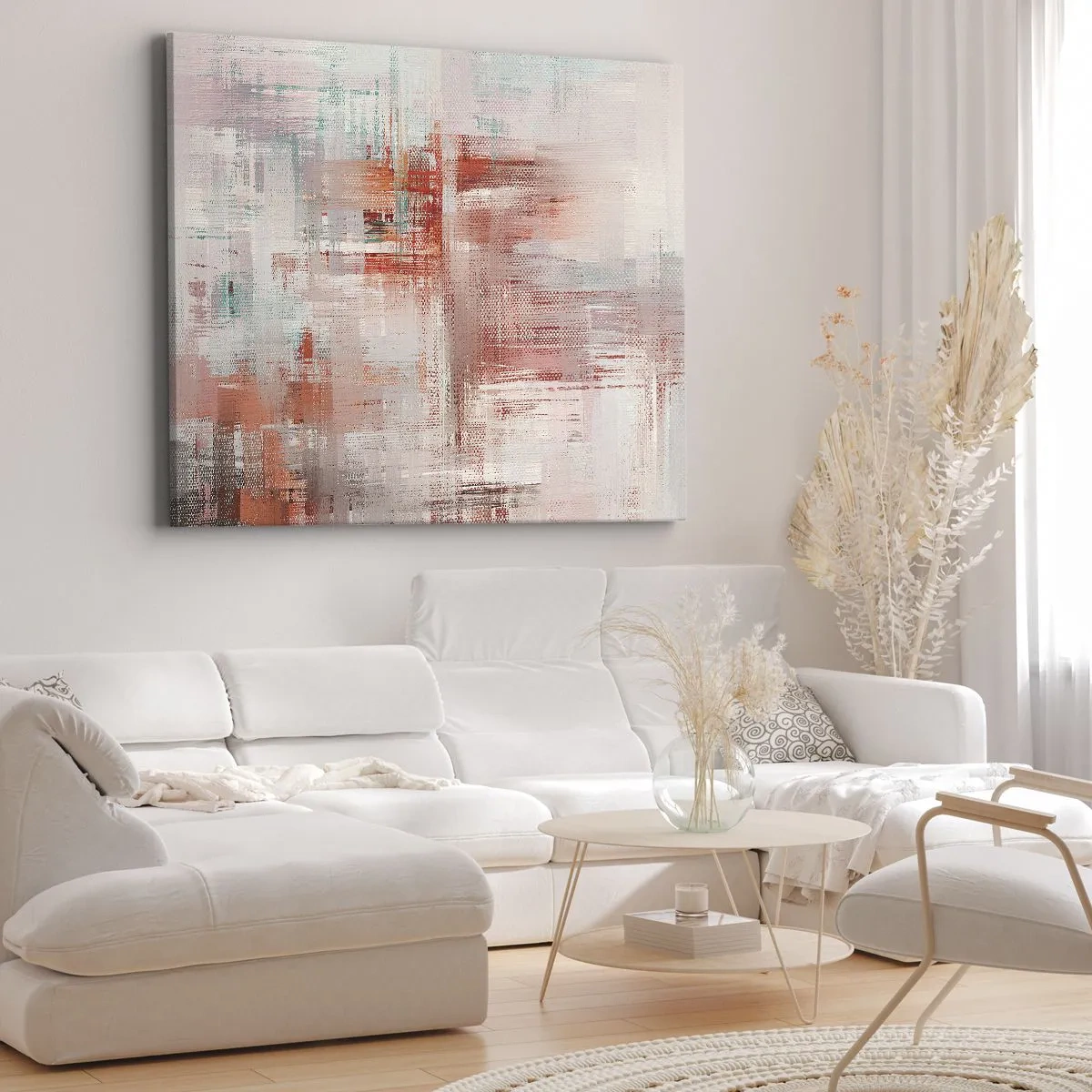 Quadro em tela - Uma composição abstrata com tons de vermelho e cores pastéis. - 70x50cm - Nebuloso. Mas rosa - Decoração de parede moderna para a sala de estar e quarto ARTTOR