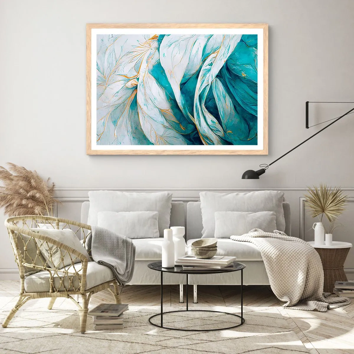 Pôster com moldura de carvalho claro - Abstração azul com lema dourado - 70x50 cm