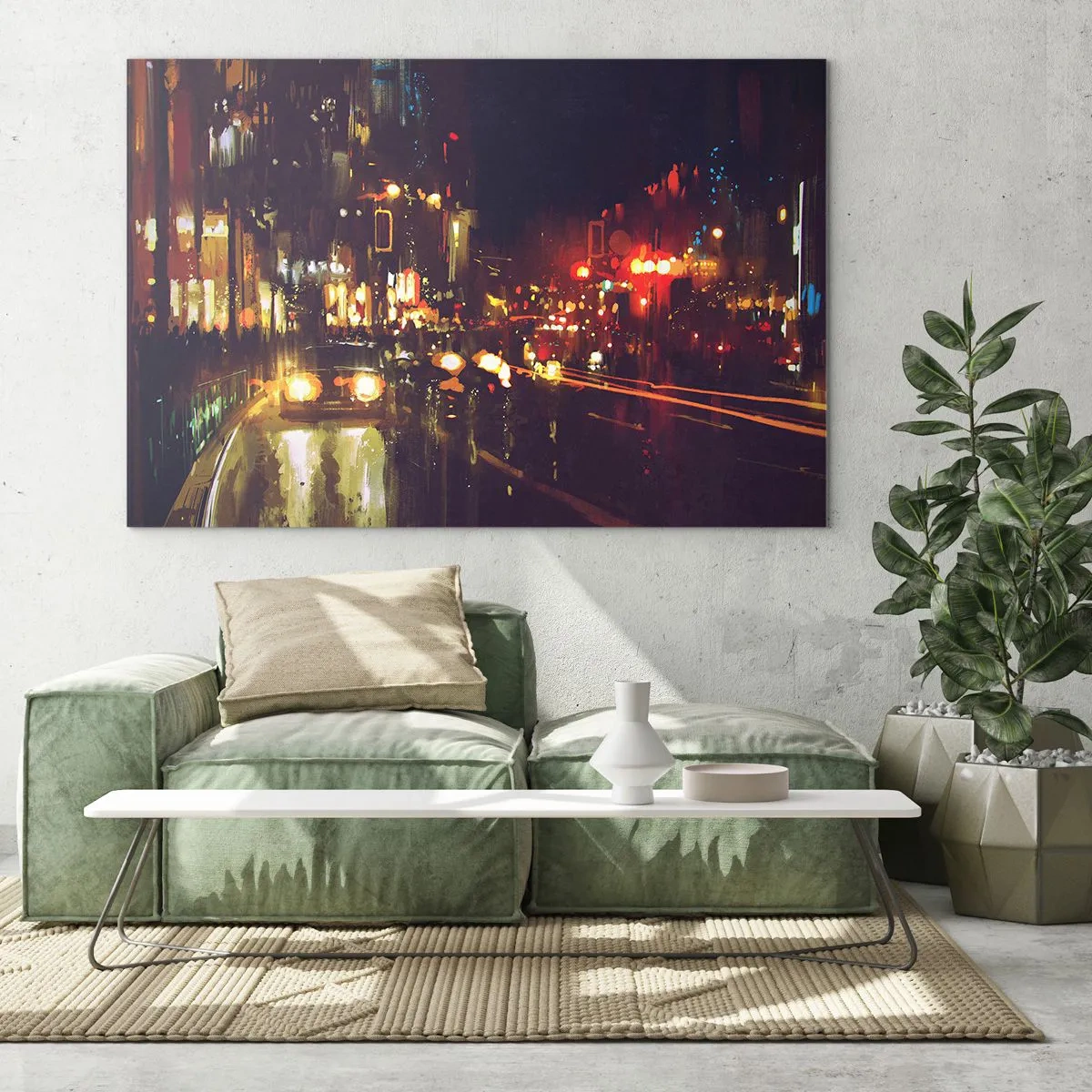 Quadro em vidro - Paisagem noturna da cidade com carros e postes de luz - 70x50cm - Imerso nas luzes da noite - Decoração de parede moderna para a sala de estar e quarto ARTTOR
