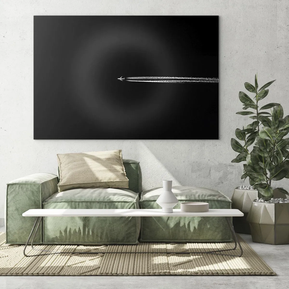 Quadro em vidro - Um avião a jato em um fundo preto com uma esteira de condensação - 70x50cm - Em outra dimensão - Decoração de parede moderna para a sala de estar e quarto ARTTOR