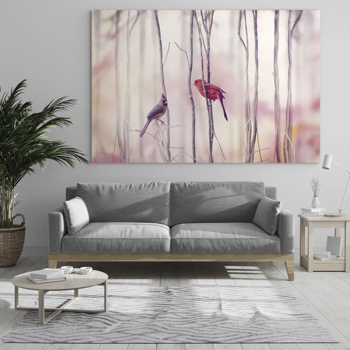 Quadro em vidro - Dois pássaros entre galhos delicados em tons pastéis - 70x50cm - O Conto da floresta rosa - Decoração de parede moderna para a sala de estar e quarto ARTTOR