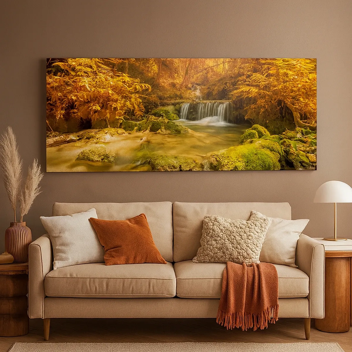 Quadro em tela - Cascata na floresta em ouro - 30x30 cm