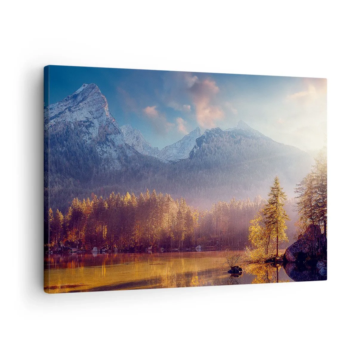 Quadro em tela - Vista pitoresca da floresta da montanha e do lago ao amanhecer - 70x50cm - Nas montanhas e vales - Decoração de parede moderna para a sala de estar e quarto ARTTOR