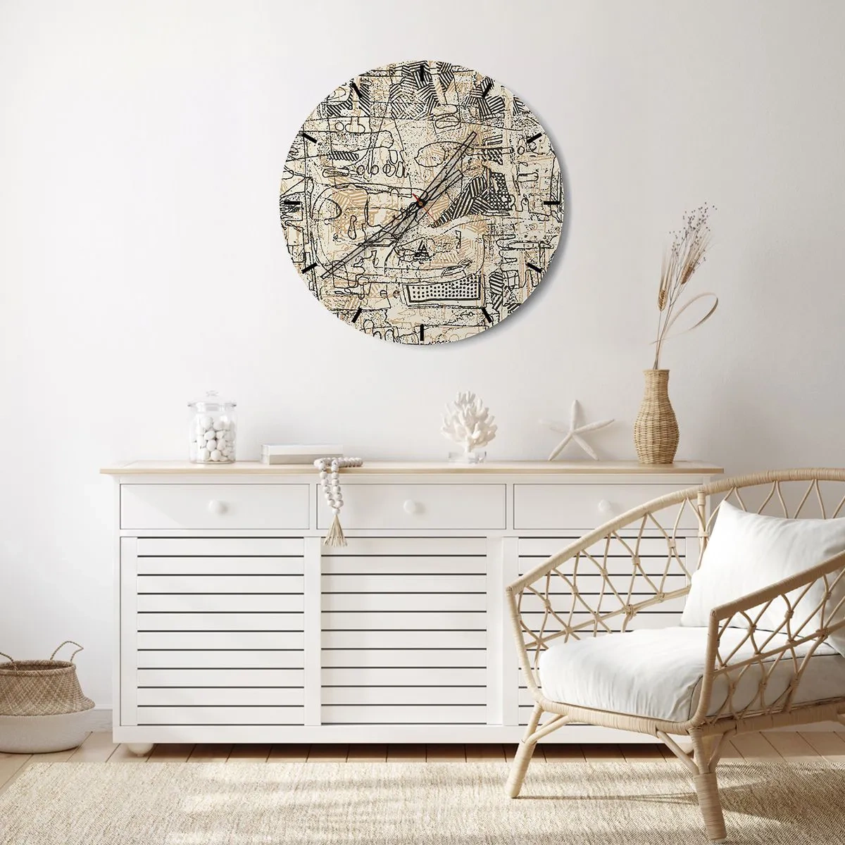 Relógio de parede - Relógio em vidro - Retrato de uma mulher feito com contornos de arte de linha em um fundo claro - 30x30cm - À espera de ser decifrado - Decoração de parede moderna para a sala de estar, cozinha e quarto ARTTOR