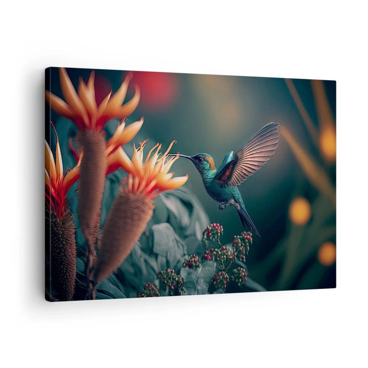 Quadro em tela - Um beija-flor colorido perto das flores em um fundo natural - 70x50cm - Uma vida verdadeiramente colorida - Decoração de parede moderna para a sala de estar e quarto ARTTOR