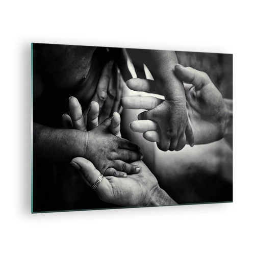 Quadro em vidro - Aperto de mão simbólico em preto e branco de diferentes gerações - 70x50cm - Ser humano - Decoração de parede moderna para a sala de estar e quarto ARTTOR