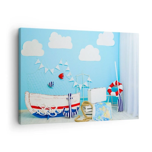 Quadro em tela - Decoração náutica com barco e acessórios em fundo azul - 70x50cm - Saudade infantil da aventura - Decoração de parede moderna para a sala de estar e quarto ARTTOR