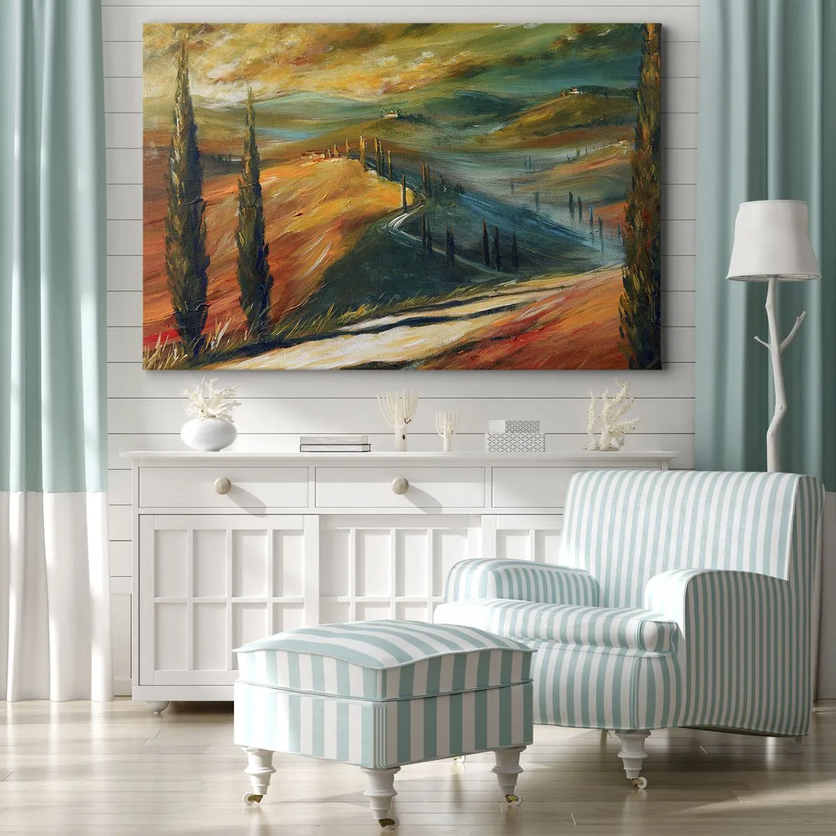 Quadro em tela - Paisagem toscana com campos, estrada e ciprestes - 70x50cm - Paisagem da Toscana - Decoração de parede moderna para a sala de estar e quarto ARTTOR
