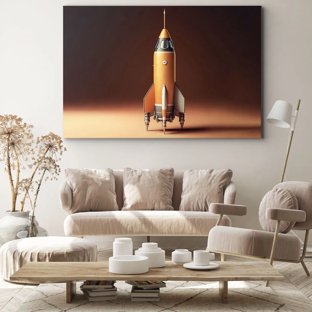 Quadro em tela - Um foguete de estilo retrô contra um fundo de tons marrons - 70x50cm - Tudo começa com um sonho - Decoração de parede moderna para a sala de estar e quarto ARTTOR