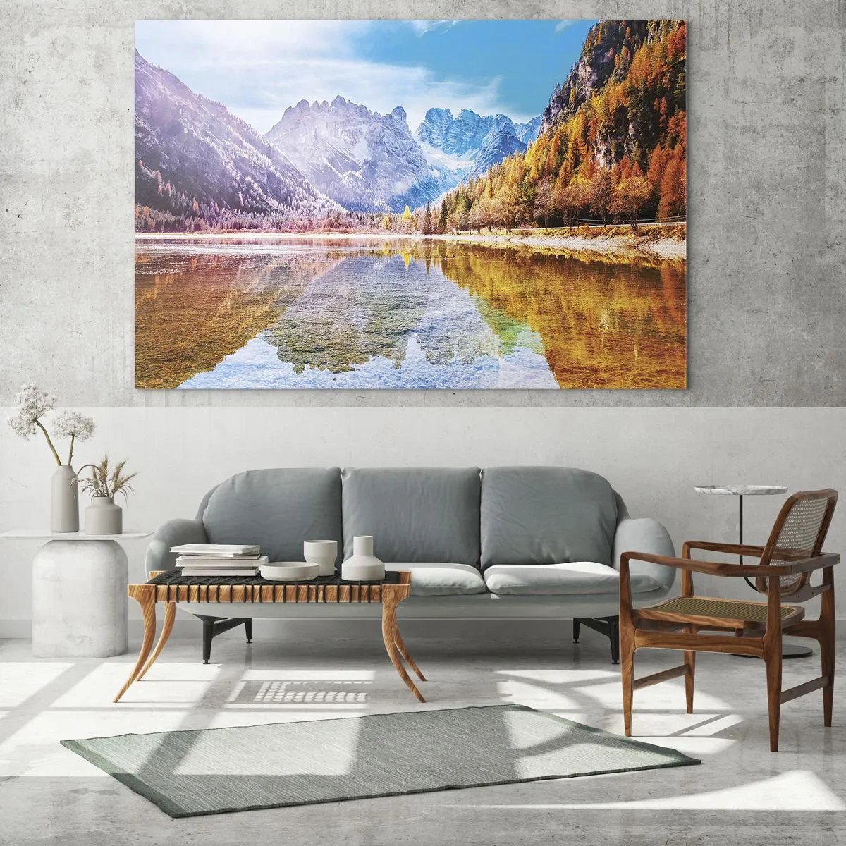 Quadro em vidro - Montanhas de outono refletidas no lago, cercadas por árvores coloridas - 70x50cm - E nas montanhas é outono - Decoração de parede moderna para a sala de estar e quarto ARTTOR
