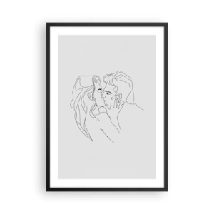 Pôster com moldura preta - Um desenho minimalista de um casal se beijando. - 50x70cm - Com a mesma linha - Decoração de parede moderna para a sala de estar e quarto ARTTOR