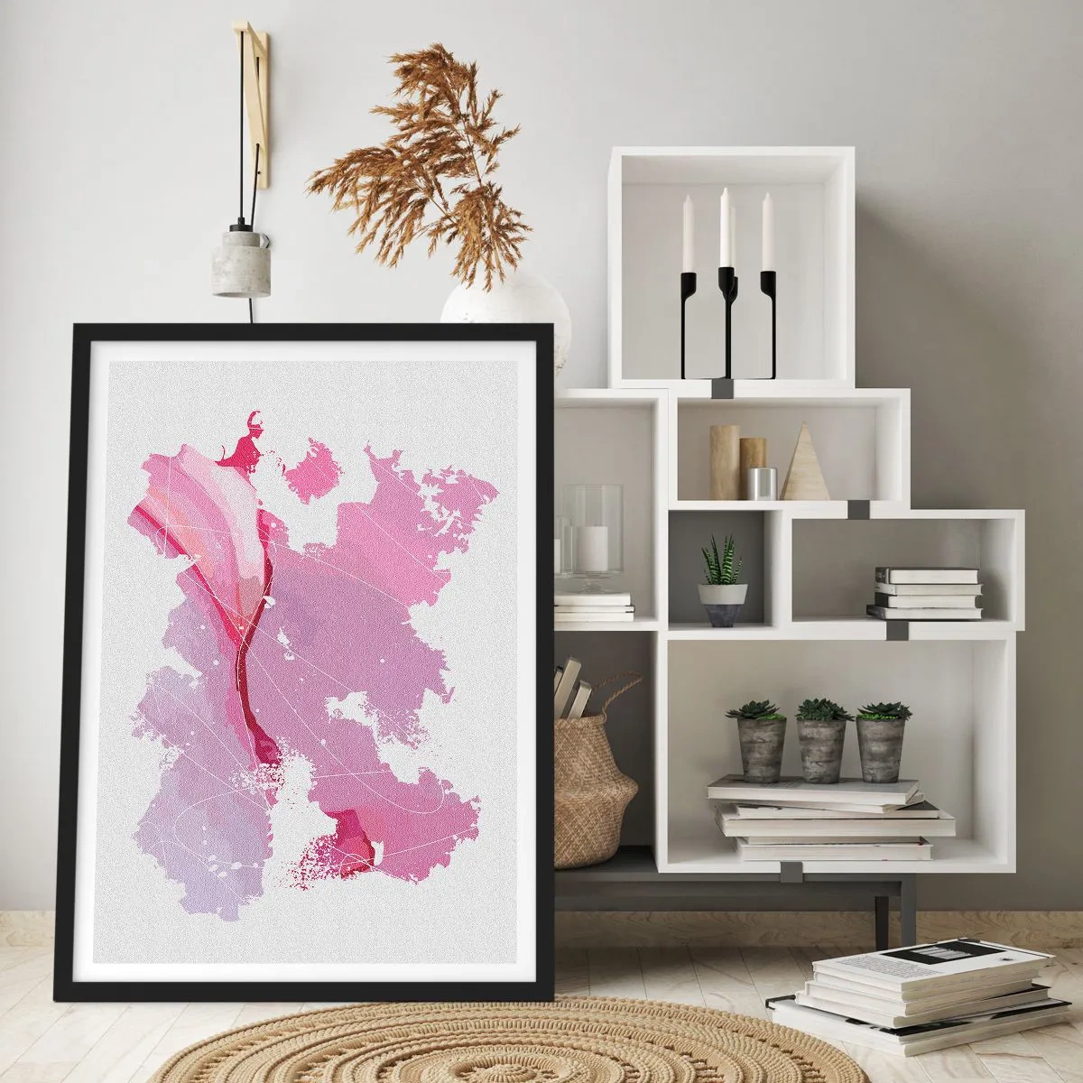 Pôster com moldura preta - Mapa do mundo rosa - 40x50 cm