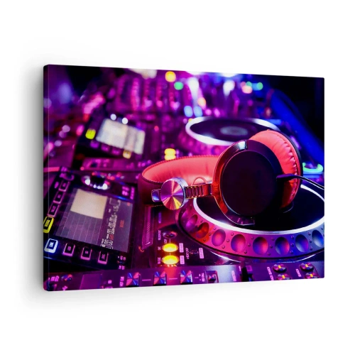 Quadro em tela - Fones de ouvido de DJ em um console com iluminação neon - 70x50cm - Antes da diversão começar - Decoração de parede moderna para a sala de estar e quarto ARTTOR