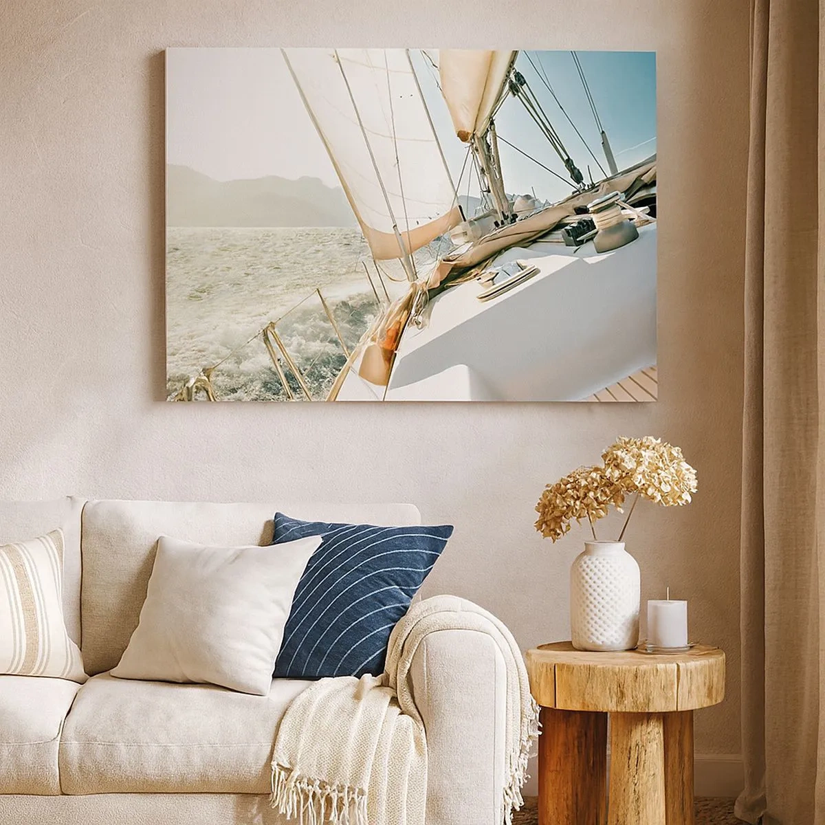 Quadro em tela - Um iate em mar aberto com vista para as montanhas - 70x50cm - Sob a vela - Decoração de parede moderna para a sala de estar e quarto ARTTOR