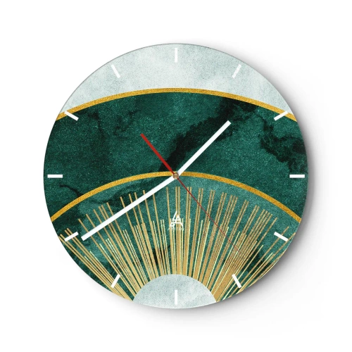 Relógio de parede - Relógio em vidro - Gráficos verdes e dourados com raios que lembram o nascer do sol - 30x30cm - Outro sistema solar - Decoração de parede moderna para a sala de estar, cozinha e quarto ARTTOR