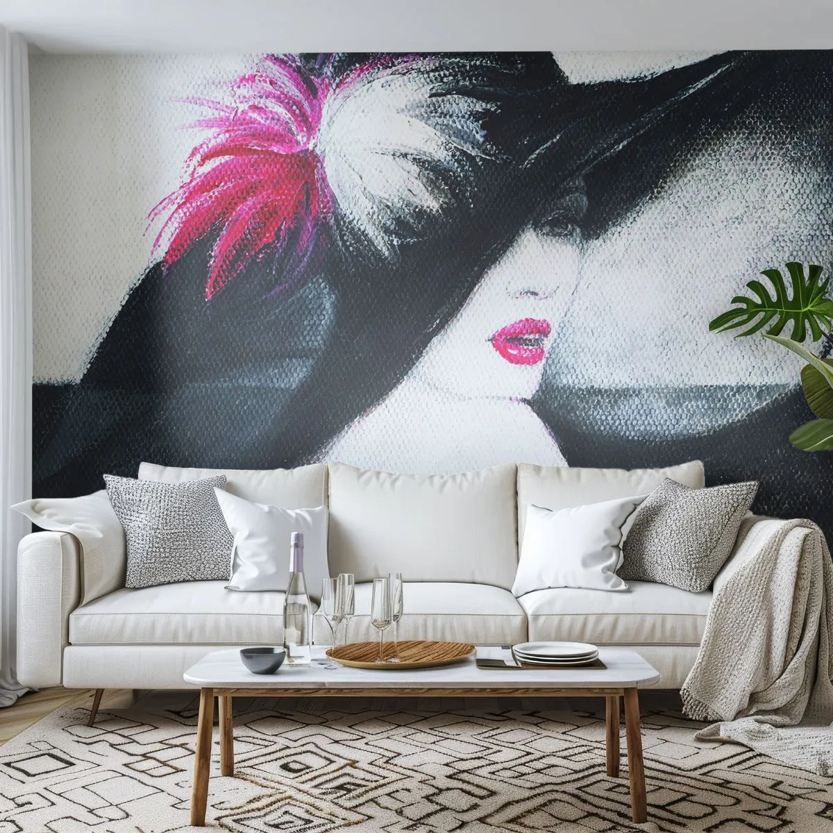 Papel de Parede Premium Sand - Sempre misteriosa - Mulher de chapéu, Rosto de mulher, lábios vermelhos - 500x350 cm