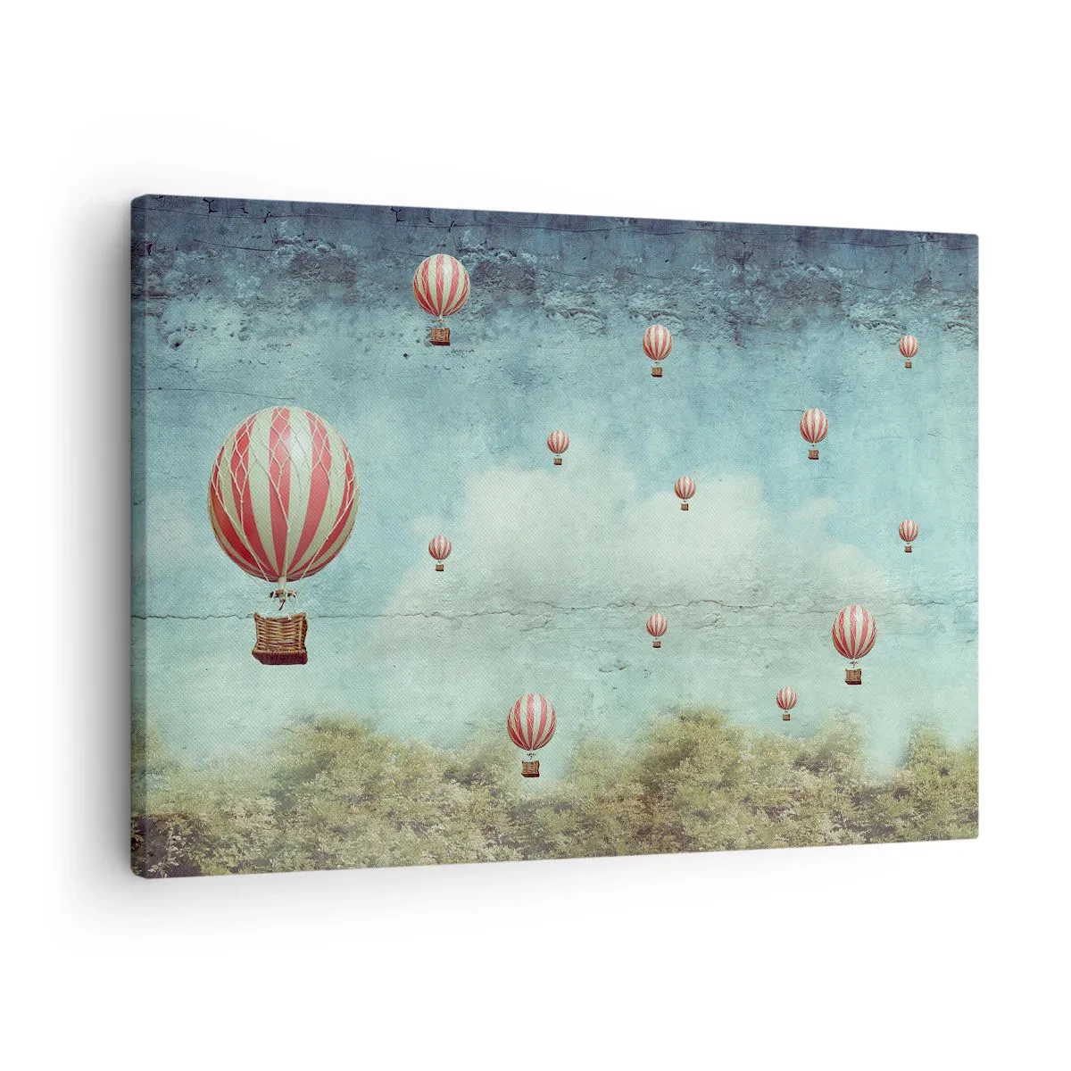 Quadro em tela - Balões retrô contra um fundo de céu azul e vegetação - 70x50cm - Livres da azáfama da vida - Decoração de parede moderna para a sala de estar e quarto ARTTOR