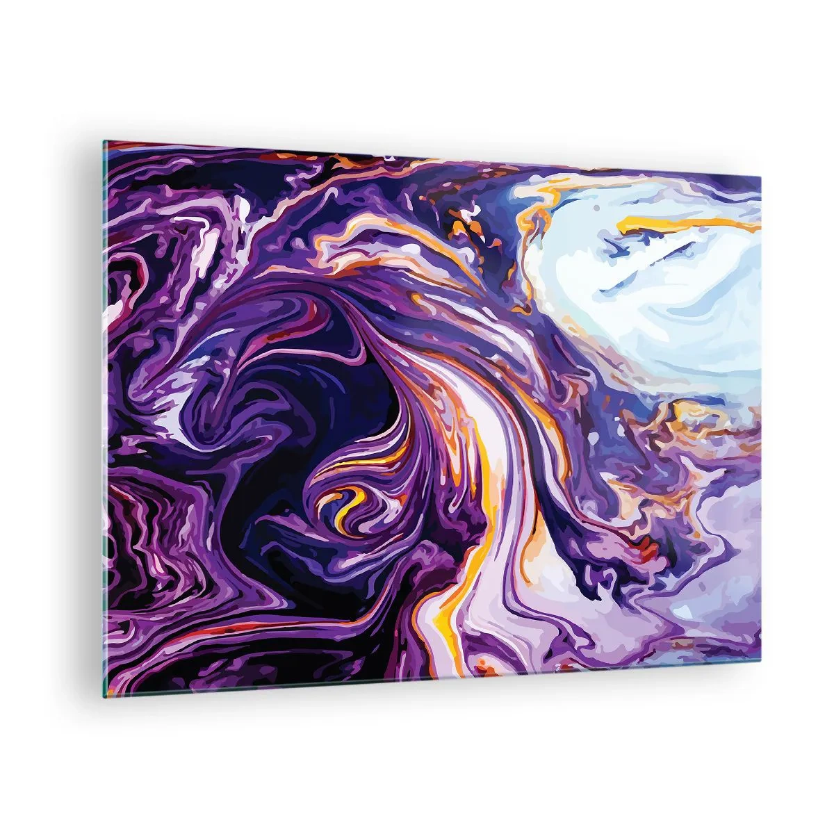 Quadro em vidro - Padrão abstrato em tons de roxo e branco com linhas dinâmicas - 70x50cm - Onde o espaço se dobra em roxo - Decoração de parede moderna para a sala de estar e quarto ARTTOR