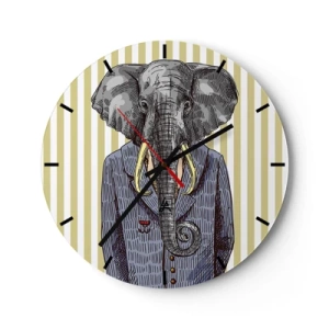Relógio de parede - Relógio em vidro - Um desenho elegante de um elefante de terno sobre um fundo de listras verticais. - 30x30cm - Elegante por natureza - Decoração de parede moderna para a sala de estar, cozinha e quarto ARTTOR