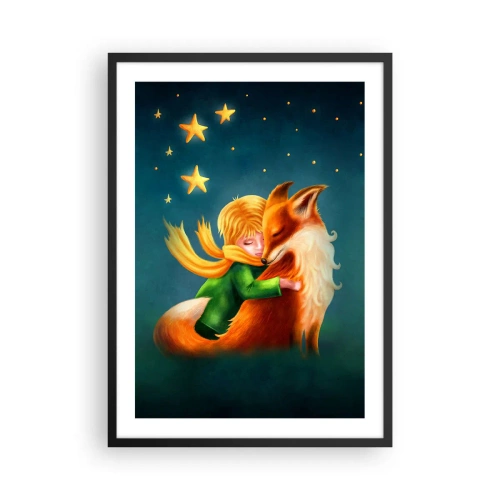 Pôster com moldura preta - Uma figura com uma raposa em um cenário mágico de estrelas - 50x70cm - O Pequeno Príncipe - Decoração de parede moderna para a sala de estar e quarto ARTTOR